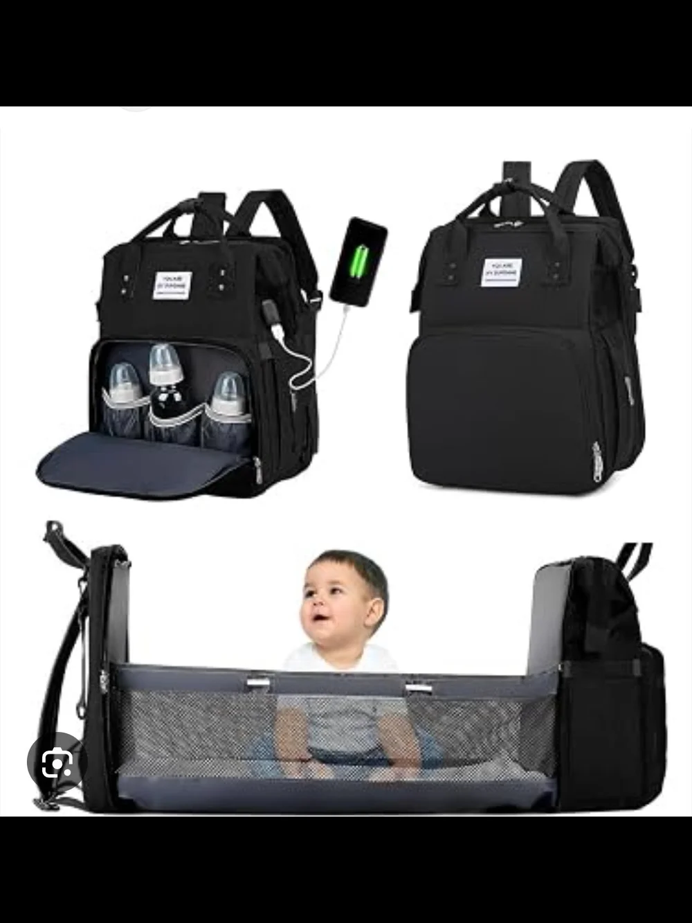 Black Multi-Compartment Backpack Diaper With Bassinet Changer